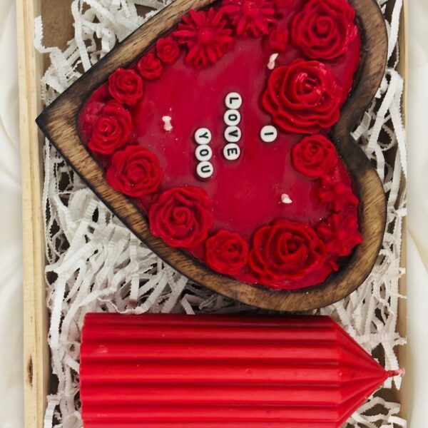 Romantic Wooden  Heart & Pillar Candle gift set
