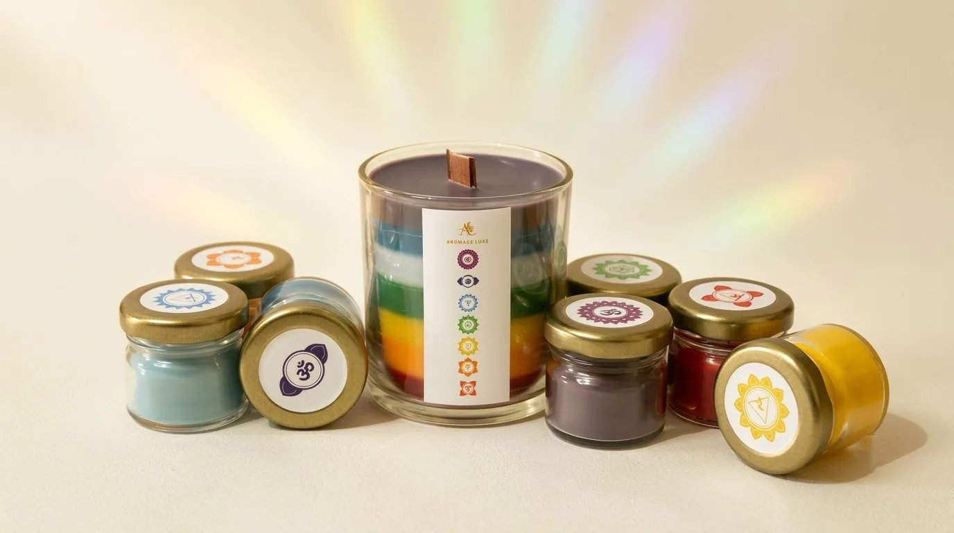 7 Chakra wooden wick candle with chakra mini jar candles