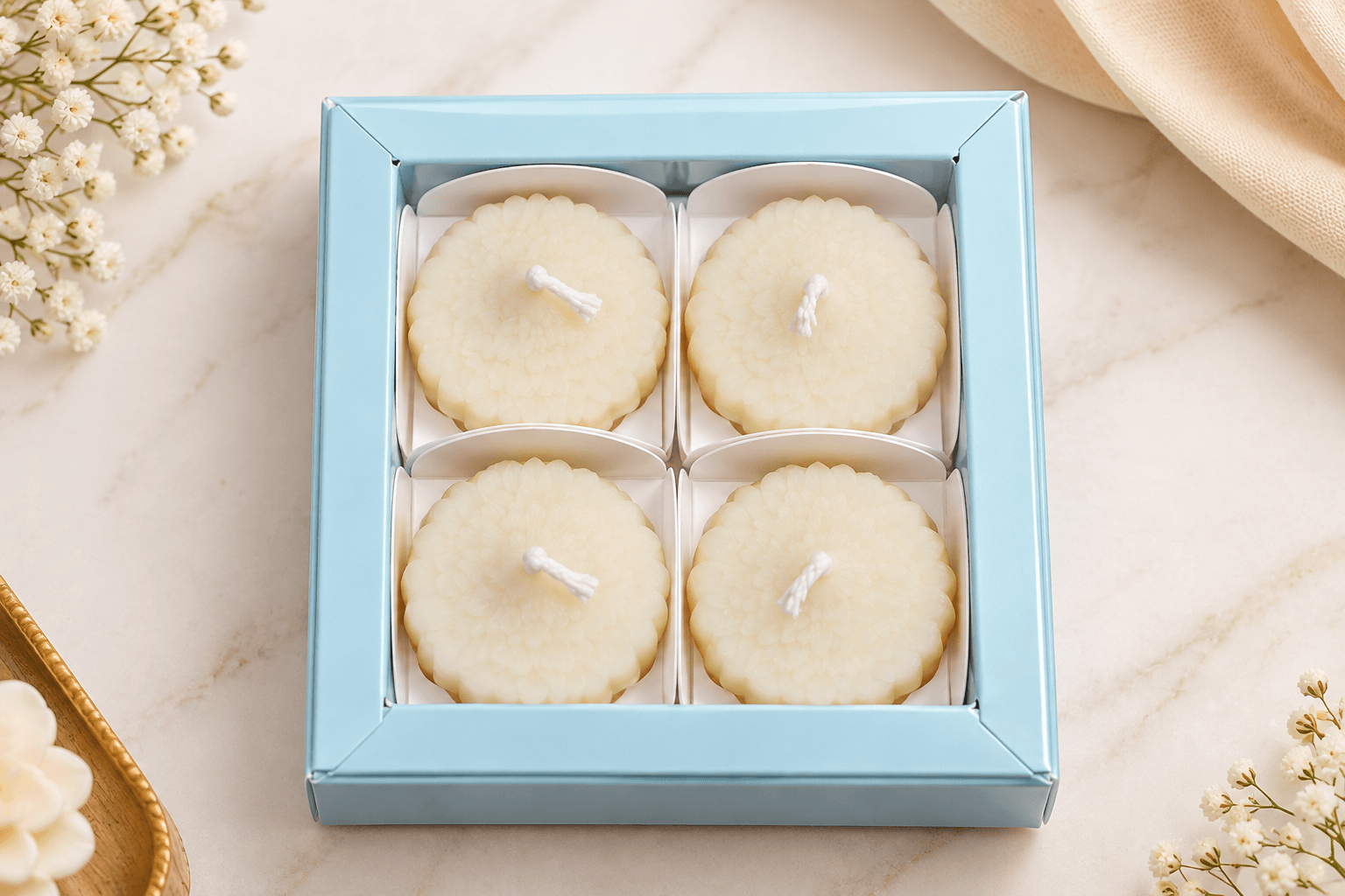 Aromace Luxe Modak Candle Box – Set of 4 Decorative Floral Scented Candles | Premium Festive Gift Box for Ganesh Chaturthi & Diwali Gifting