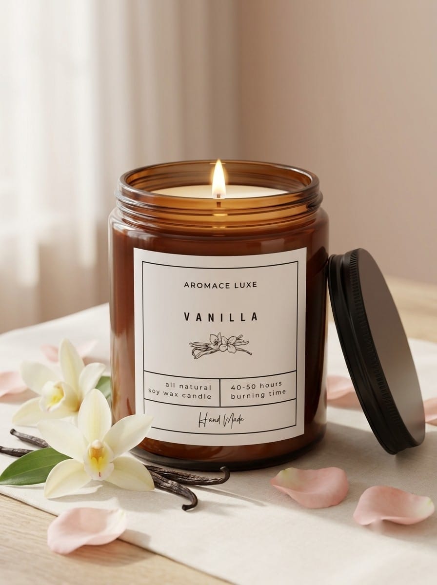 Aromace Luxe Vanilla soy wax candle in an amber glass jar with vanilla flowers