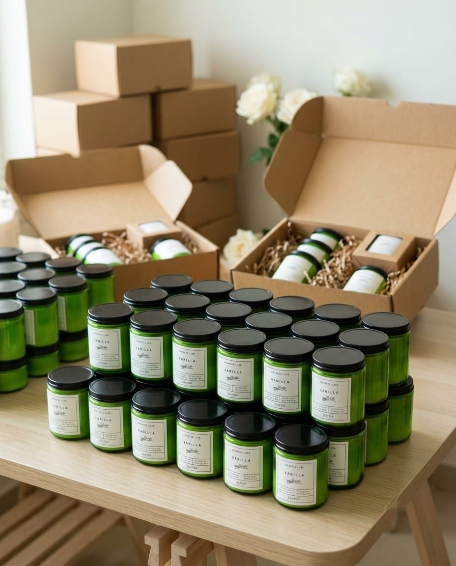 Bulk order of handmade soy jar candles packed in kraft shipping boxes