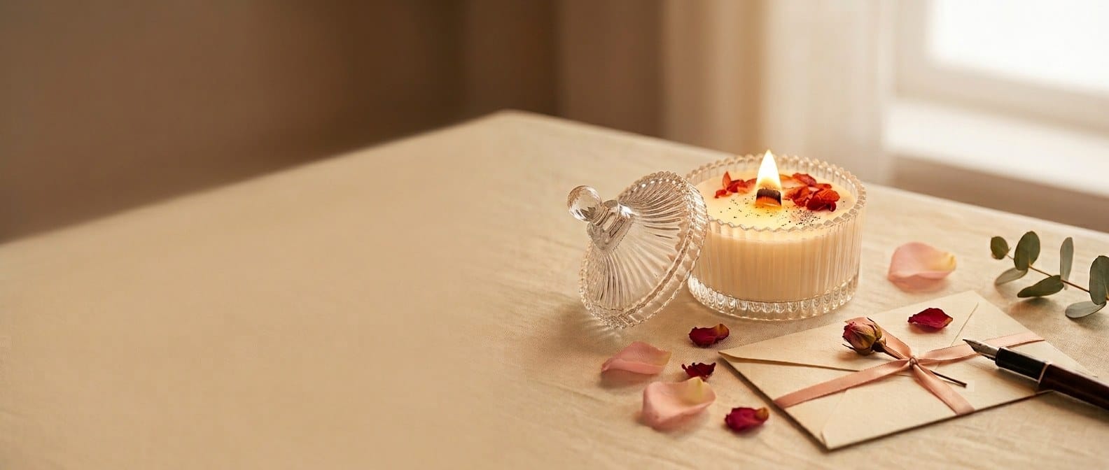 Lit candle in a crystal jar beside a ribbon-tied envelope and fountain pen
