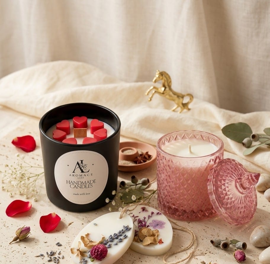 Custom handmade candles: black jar candle with red wax hearts and pink crystal jar candle with floral wax sachets