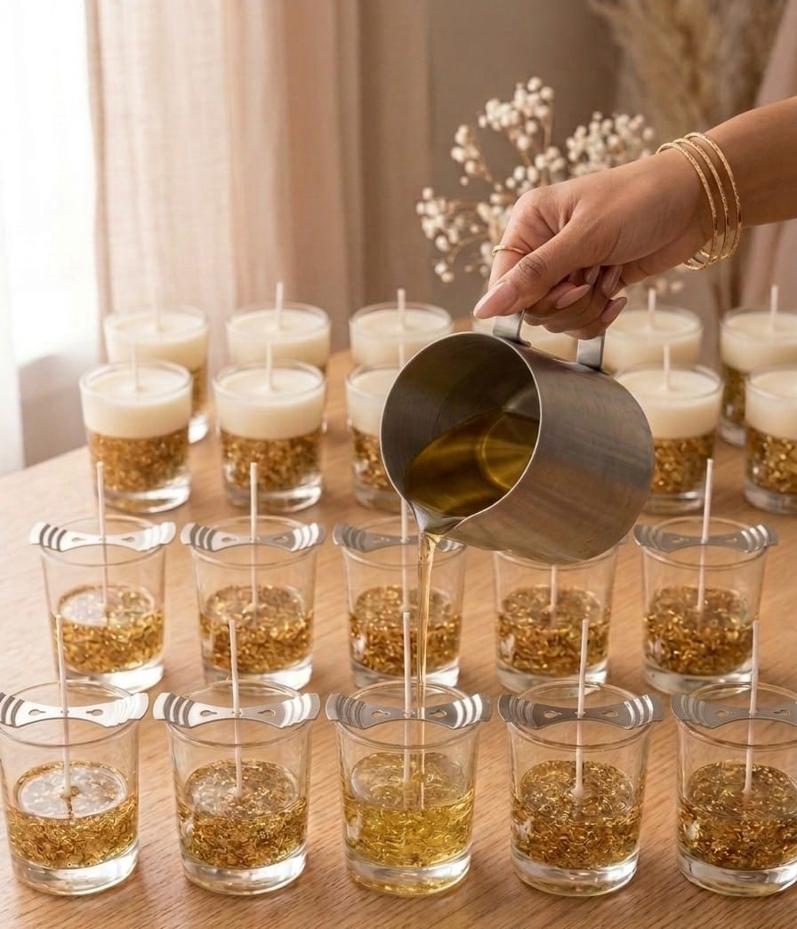 Hand-pouring melted wax into Aromace Luxe gold glitter candle jars