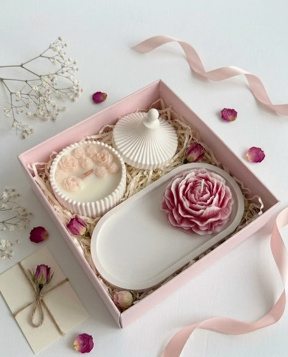 AromaceLuxe candle gift set with peony candle, fluted jar candle and tray