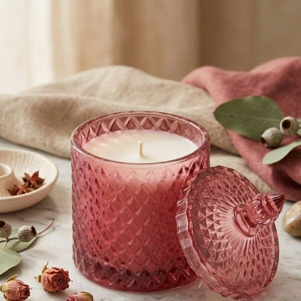 Pink crystal jar candle with lid, AromaceLuxe premium collection