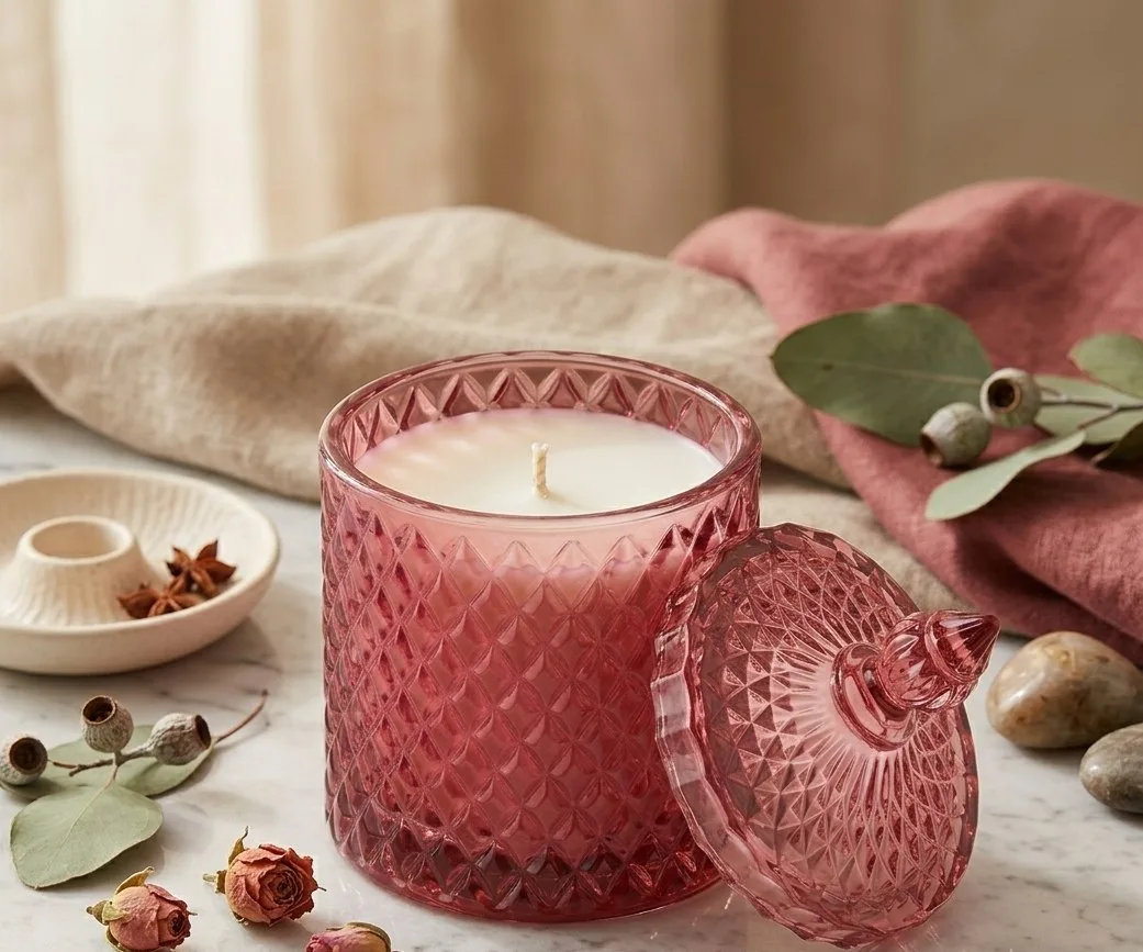 Pink crystal jar candle with lid, AromaceLuxe premium collection