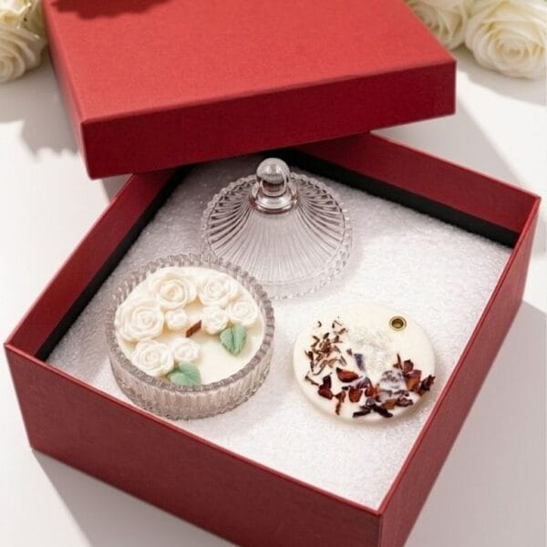 Rose & Bloom luxury candle hamper in a red gift box