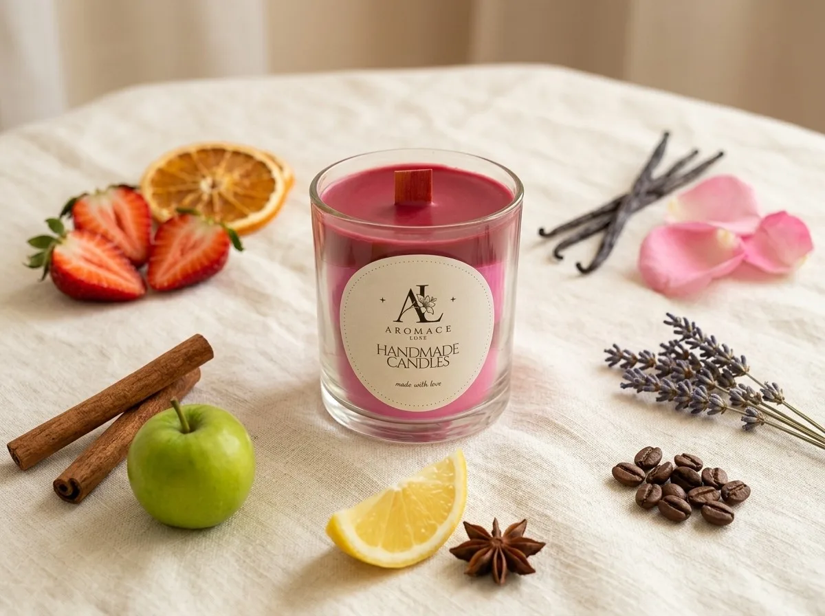 AromaceLuxe scented soy candle surrounded by fragrance ingredients: strawberry, orange, vanilla, rose, lavender, coffee, cinnamon, apple and lemon