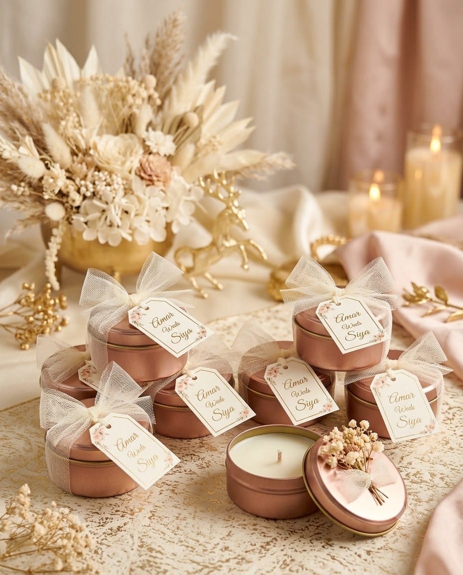 Rose gold candle tins with tulle bows and personalised name tags as wedding return gifts