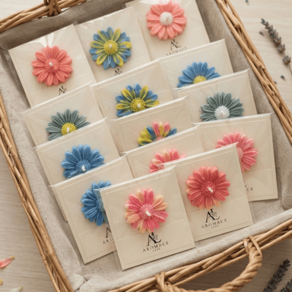 Daisy Flower Candle Pack – assorted colours in gift basket